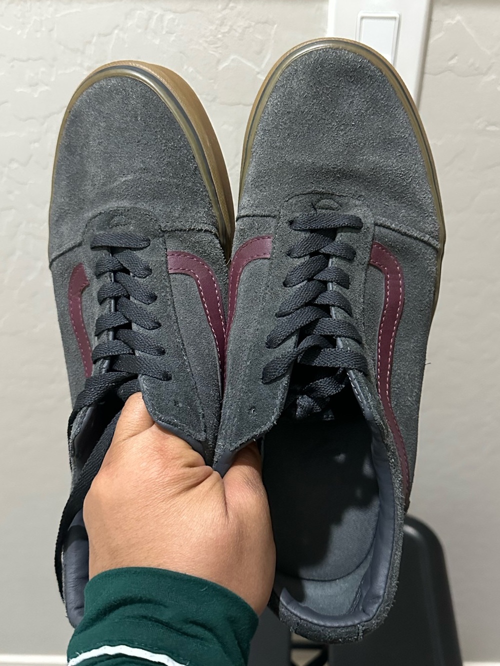 Vans Gray Suede Sneakers with Burgundy Side Stripe